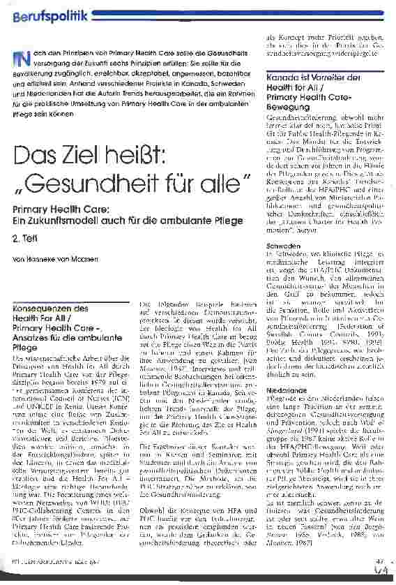 Vorschauseite 1: Das Ziel heißt: Gesundheit für alle Primary Health Care: Ein Zukunftsmodell auch für die ambulante Pflege 2. Teil