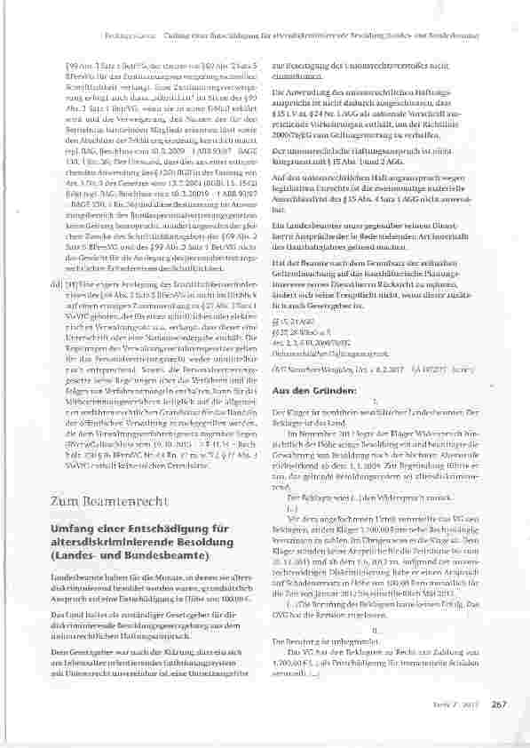 Vorschauseite 1: Zum Beamtenrecht Umfang einer Entschädigung für aitersdiskriminierende Besoldung(Landesund Bundesbeamte)