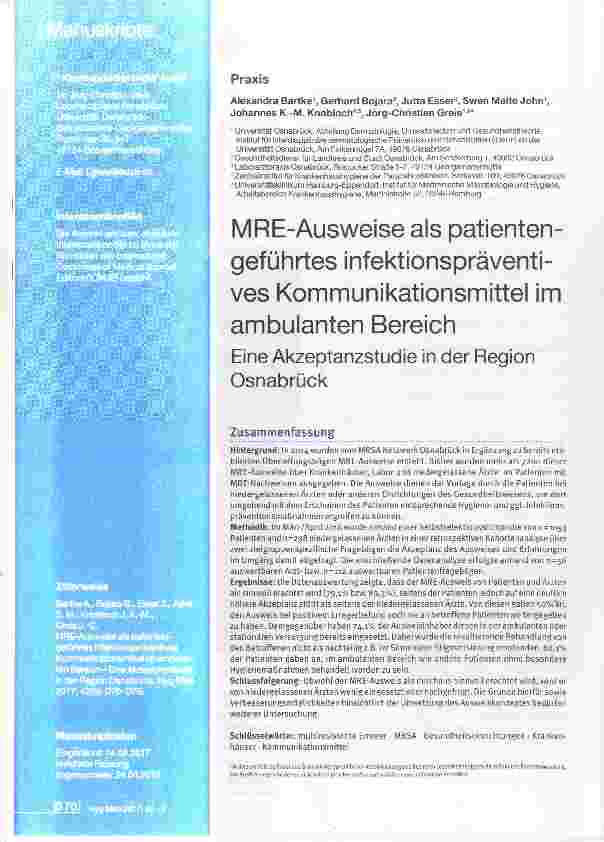 Vorschauseite 1: M RE-Ausweise als patientengeführtes infektionspräventives Kommunikationsmittel im ambulanten BereichEine Akzeptanzstudie in der Region Osnabrück