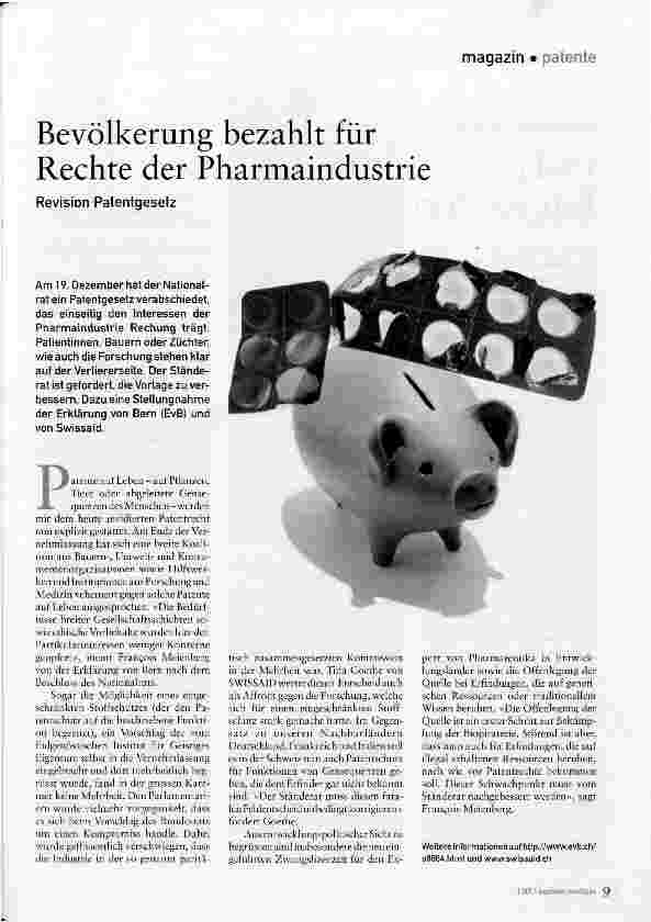 Vorschauseite 1: Bevölkerung bezahlt für Rechte der PharmaindustrieRevision Patentgesetz