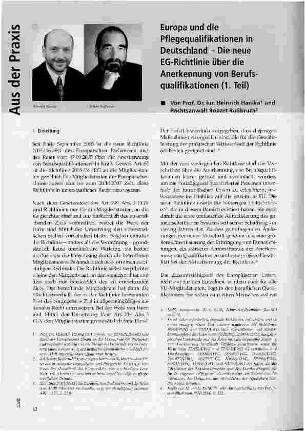 Vorschauseite 1: Europa und die Pflegequalifikationen in Deutschland - Die neue EG-Richtlinie über die Anerkennung von Berufsqualifikationen (1. Teil)