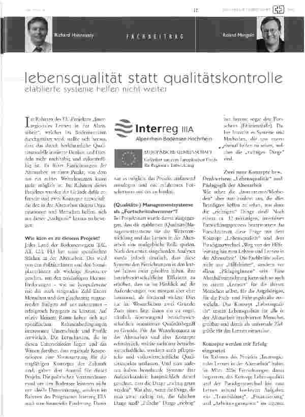 Vorschauseite 1: Lebensqualität statt Qualitätskontrolle - etablierte Systeme helfen nicht weiter