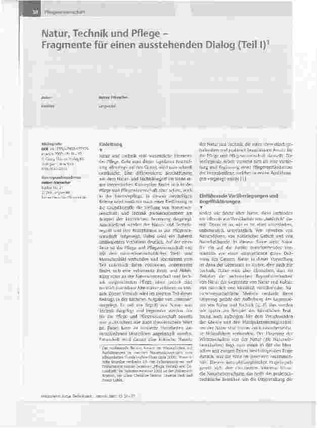 Vorschauseite 1: Natur, Technik und Pflege -Fragmente für einen ausstehenden Dialog (Teil I)1