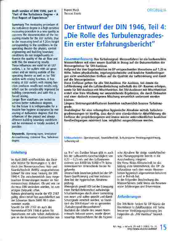 Vorschauseite 1: Der Entwurf der DIN 1946, Teil 4: Die Rolle des Turbulenzgrades-Ein erster Erfahrungsbericht