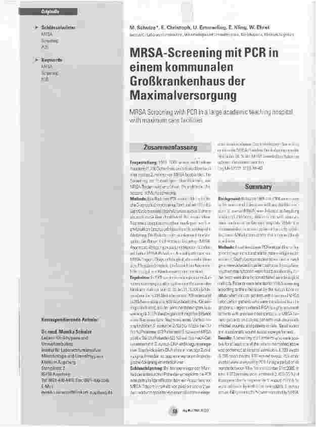 Vorschauseite 1: MRSA-Screening mit PCR in einem kommunalen Großkrankenhaus der Maximalversorgung