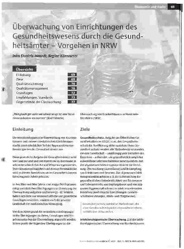 Vorschauseite 1: Überwachung von Einrichtungen des Gesundheitswesens durch die Gesundheitsämter - Vorgehen in NRW