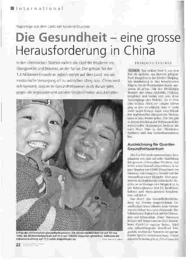 Vorschauseite 1: Reportage aus dem Land der tausend DrachenDie Gesundheit - eine grosse Herausforderung in China