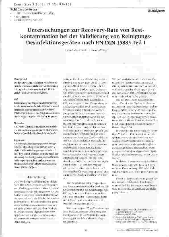 Vorschauseite 1: Untersuchungen zur Recovery-Rate von Restkontamination bei der Validierung von Reinigungs Desinfektionsgeräten nach EN DIN 15883 Teil 1