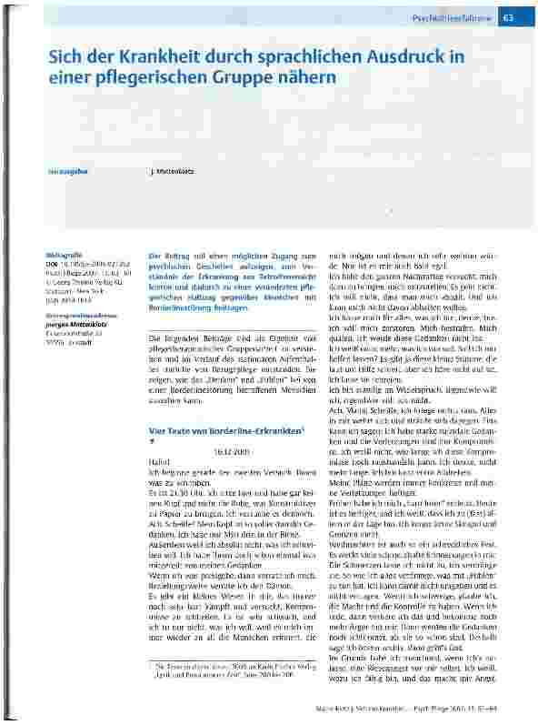 Vorschauseite 1: Sich der Krankheit durch sprachlichen Ausdruck in einer pflegerischen Gruppe nähern
