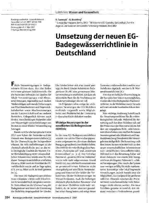 Vorschauseite 1: Umsetzung der neuen EG-Badegewässerrichtlinie in Deutschland