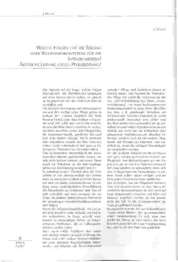 Vorschauseite 1: WELCHE FOLGEN HAT DIE TEILUNG EINER RICHTLINIENKOMPETENZ FÜR DIEINTENSIVMEDIZIN? ÄRZTLICHE LEITUNG GEGEN PFLEGELEITUNG?