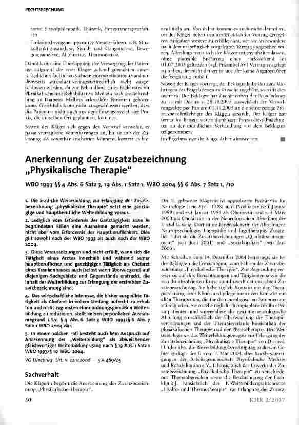 Vorschauseite 1: Anerkennung der Zusatzbezeichnung Physikalische Therapie