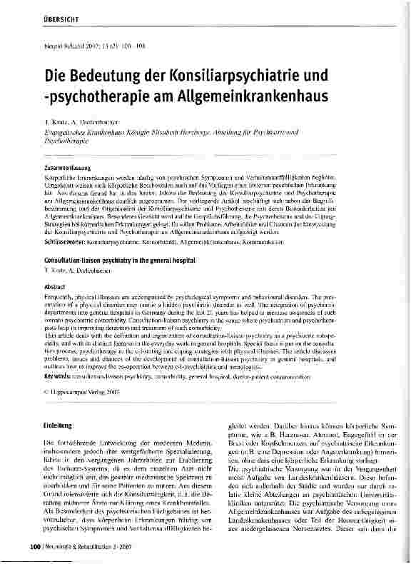 Vorschauseite 1: Die Bedeutung der Konsiliarpsychiatrie und -Psychotherapie am Allgemeinkrankenhaus