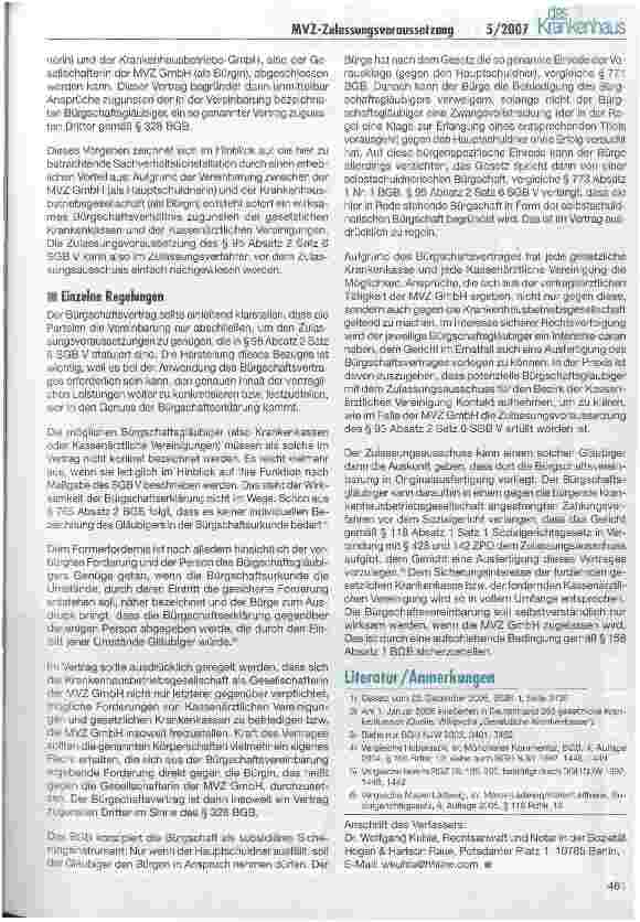 Vorschauseite 2: MVZ: Neue Zulassungsvoraussetzung der selbstschuldnerischen Bürgschaft