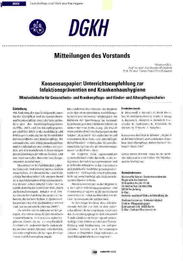 Vorschauseite 1: Konsensuspapier: Unterrichtsempfehlung zur Infektionsprävention und Krankenhaushygiene