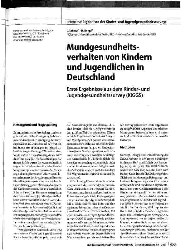 Vorschauseite 1: Mundgesundheitsverhalten von Kindern und Jugendlichen in Deutschland
