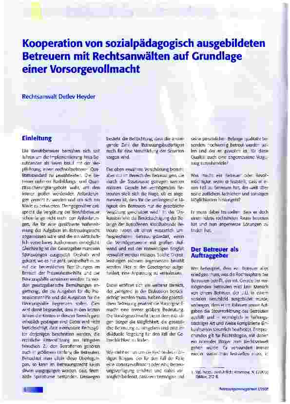 Vorschauseite 1: Kooperation von sozialpädagogisch ausgebildeten Betreuern mit Rechtsanwälten auf Grundlage einer Vorsorgevollmacht