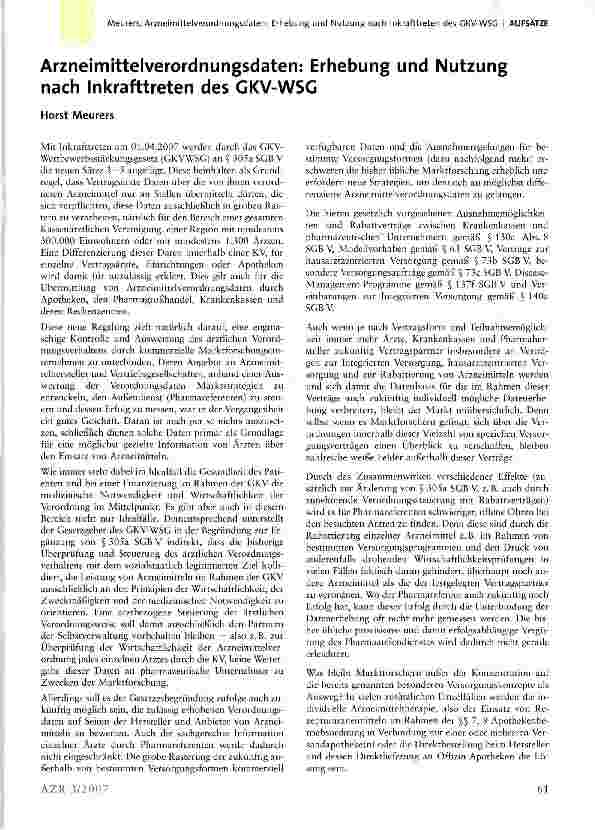 Vorschauseite 1: Arzneimittelverordnungsdaten: Erhebung und Nutzung nach Inkrafttreten des GKV-WSG