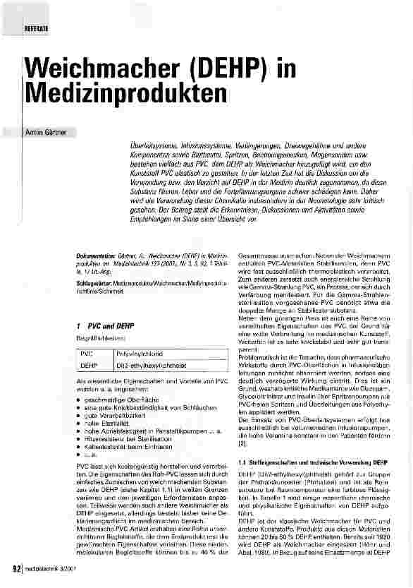 Vorschauseite 1: Weichmacher (DEHP) in Medizinprodukten