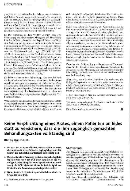 Vorschauseite 1: Keine Verpflichtung eines Arztes, einem Patienten an Eides statt zu versichern, dass die ihm zugänglich gemachten Behandlungsakten vollständig sind