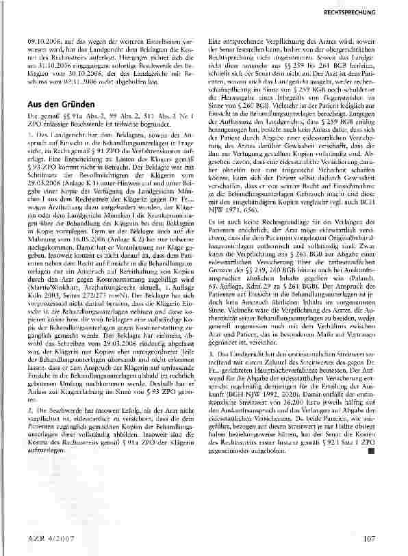 Vorschauseite 2: Keine Verpflichtung eines Arztes, einem Patienten an Eides statt zu versichern, dass die ihm zugänglich gemachten Behandlungsakten vollständig sind
