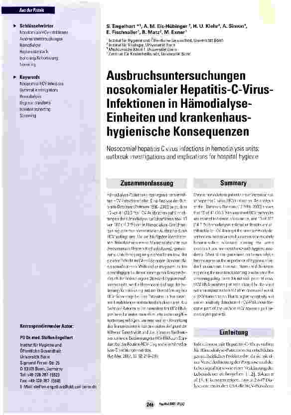 Vorschauseite 1: Ausbruchsuntersuchungen nosokomialer Hepatitis-C-Virus Infektionen in Hämodialyse-Einheiten und krankenhaushygienische Konsequenzen