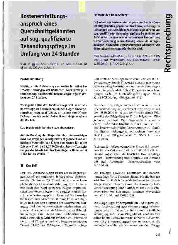 Vorschauseite 1: Kostenerstattungsanspruch eines Querschnittgelähmten aufsog, qualifizierte Behandlungspflege im Umfang von 24 Stunden