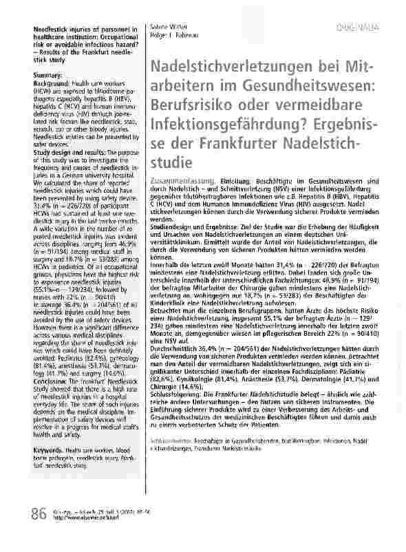 Vorschauseite 1: Nadelstichverletzungen bei Mitarbeitern im Gesundheitswesen: Berufsrisiko oder vermeidbare Infektionsgefährdung? Ergebnisse der Frankfurter Nadelstichstudie