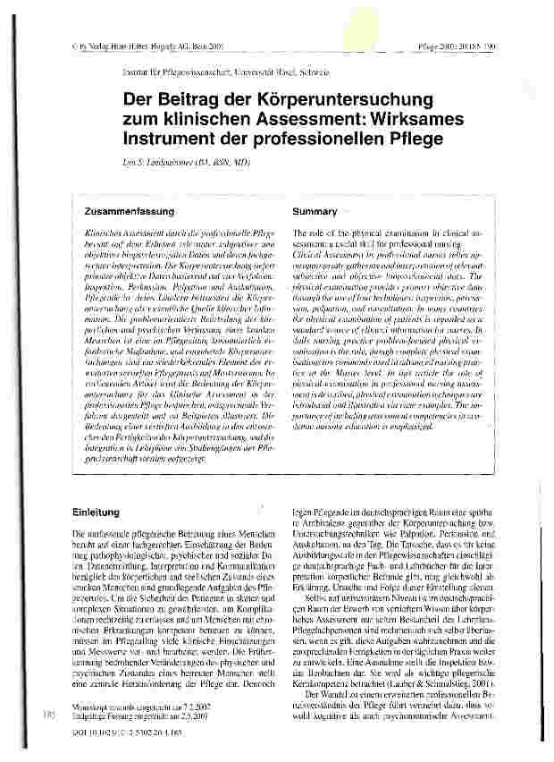 Vorschauseite 1: Der Beitrag der Körperuntersuchung zum klinischen Assessment: Wirksames Instrument der professionellen Pflege