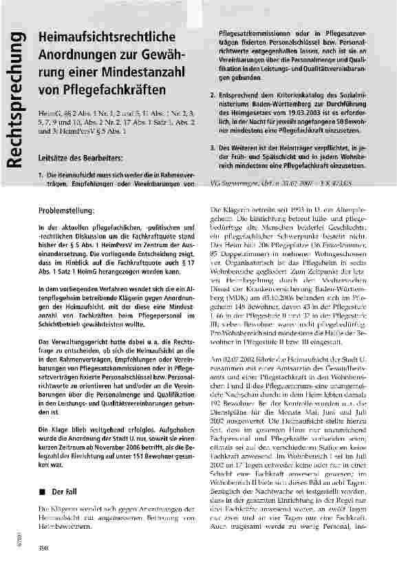 Vorschauseite 1: Heimaufsichtsrechtliche Anordnungen zur Gewährung einer Mindestanzahl von Pflegefachkräften