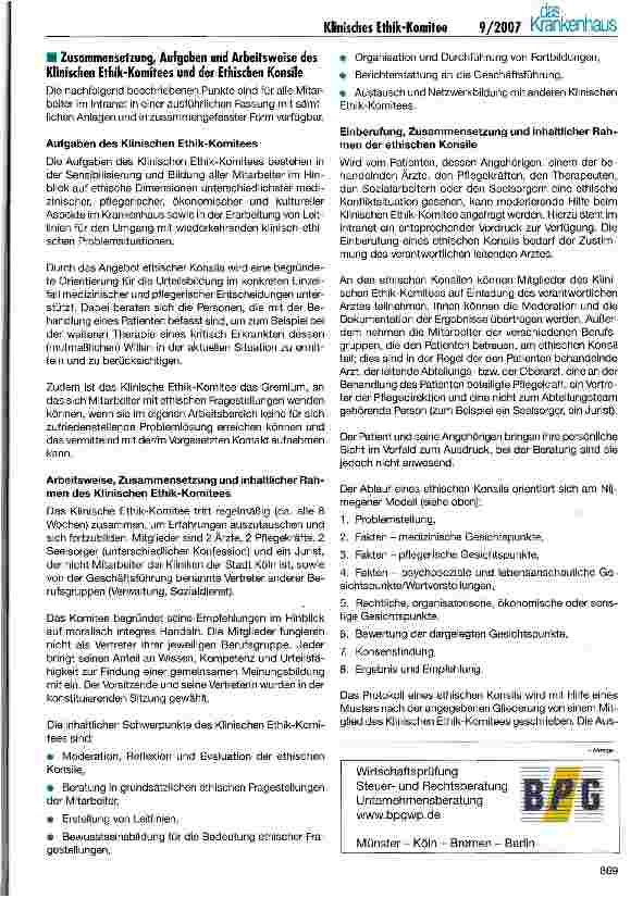 Vorschauseite 2: Erfahrungen der Städtischen Kliniken Köln mit dem Klinischen Ethik-Komitee