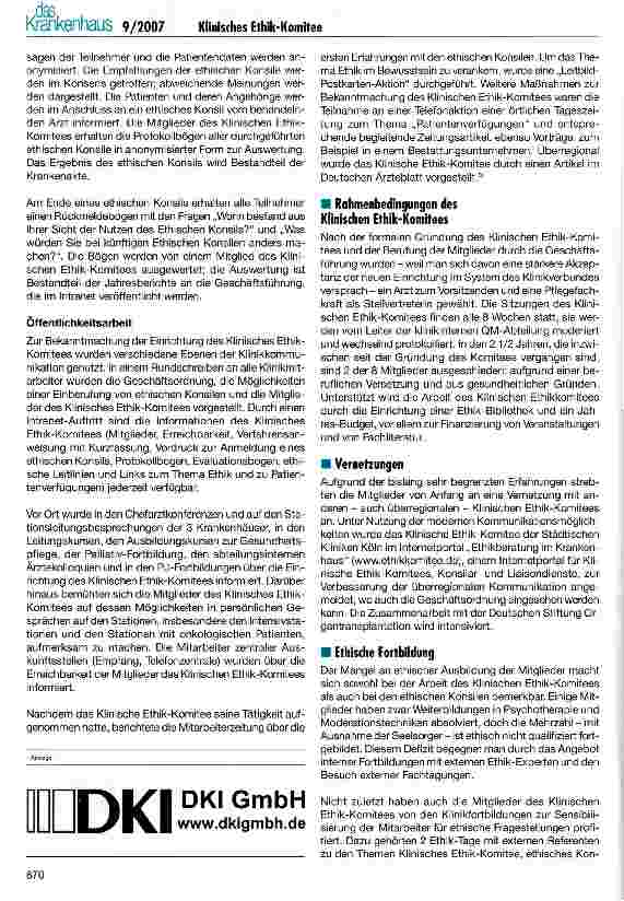 Vorschauseite 3: Erfahrungen der Städtischen Kliniken Köln mit dem Klinischen Ethik-Komitee