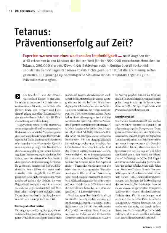 Vorschauseite 1: Tetanus: Präventionserfolg auf Zeit?