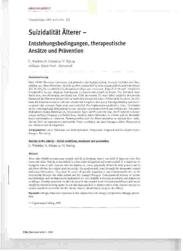 Vorschauseite 1: Suizidalität Älterer -Entstehungsbedingungen, therapeutische Ansätze und Prävention