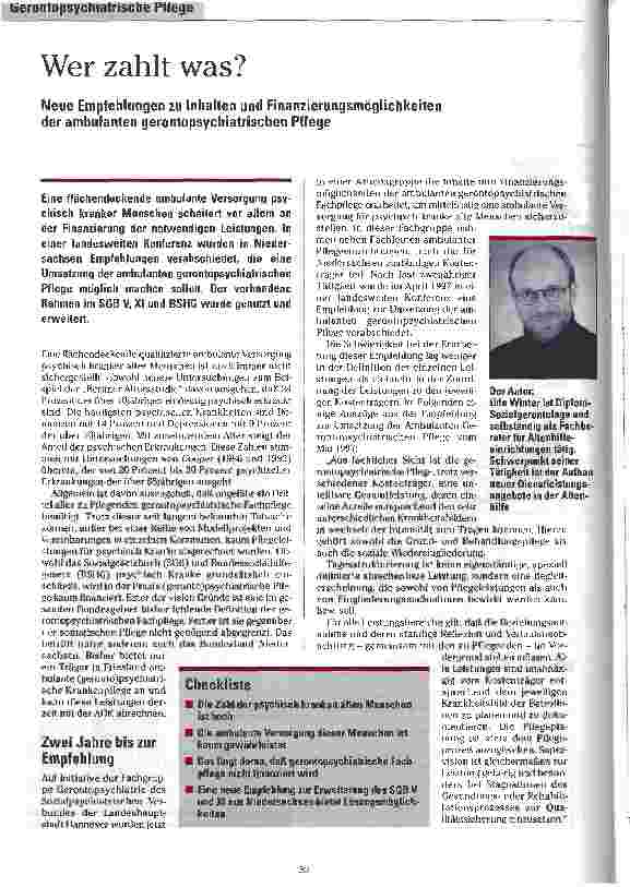 Vorschauseite 1: Wer zahlt was? Neue Empfehlungen zu Inhalten und Finanzierungsmöglichkeiten der ambulanten gerontopsychiatrischen Pflege