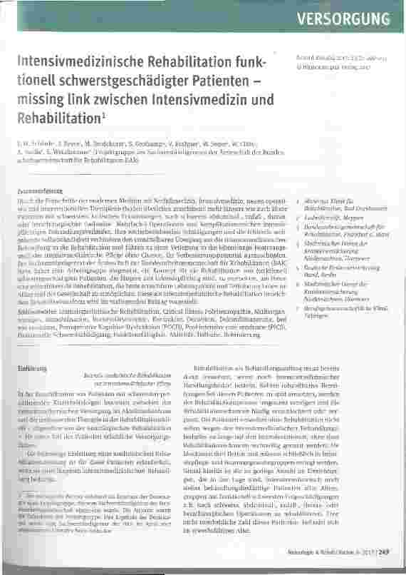 Vorschauseite 1: Intensivmedizinische Rehabilitation funktionell schwerstgeschädigter Patienten missing link zwischen Intensivmedizin und Rehabilitation