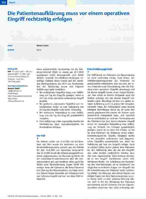 Vorschauseite 1: Die Patientenaufklärung muss vor einem operativen Eingriff rechtzeitig erfolgen
