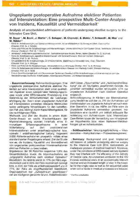 Vorschauseite 1: Ungeplante postoperative Aufnahme elektiver Patienten auf Intensivstation: Eine prospektive Multi-Center-Analyse von Inzidenz, Kausalität und Vermeidbarkeit