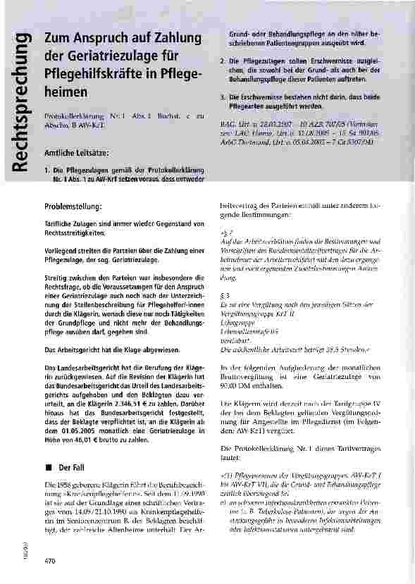 Vorschauseite 1: Zum Anspruch auf Zahlung der Geriatriezulage für Pflegehilfskräfte in Pflegeheimen