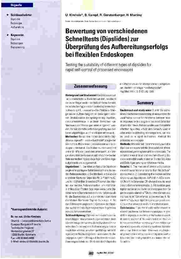 Vorschauseite 1: Bewertung von verschiedenen Schnelltests (Dipslides) zur Überprüfung des Aufbereitungserfolgs bei flexiblen Endoskopen