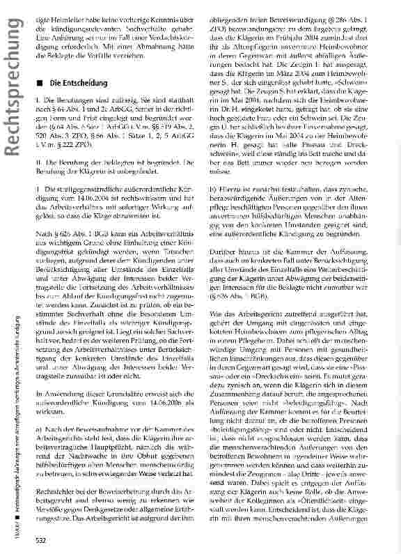 Vorschauseite 4: Herabwürdigende Äußerungen einer Altenpflegerin rechtfertigen außerordentliche Kündigung
