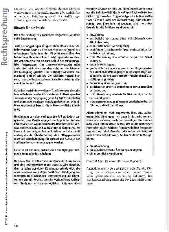 Vorschauseite 6: Herabwürdigende Äußerungen einer Altenpflegerin rechtfertigen außerordentliche Kündigung