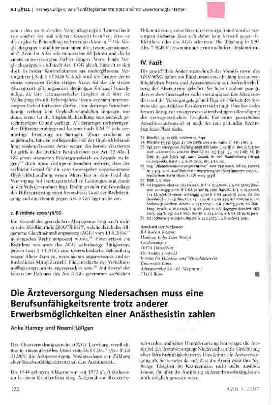 Vorschauseite 1: Die Ärzteversorgung Niedersachsen muss eine Berufsunfähigkeitsrente trotz anderer Erwerbsmöglichkeiten einer Anästhesistin zahlen