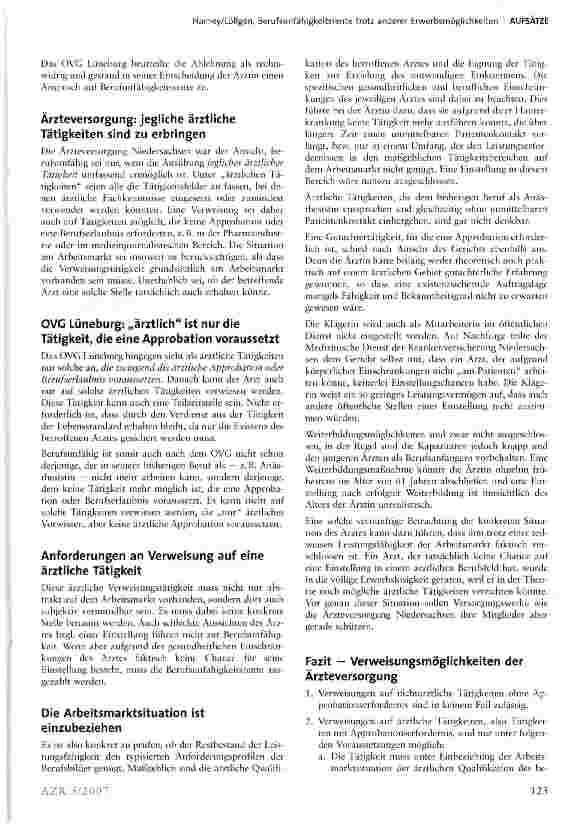 Vorschauseite 2: Die Ärzteversorgung Niedersachsen muss eine Berufsunfähigkeitsrente trotz anderer Erwerbsmöglichkeiten einer Anästhesistin zahlen