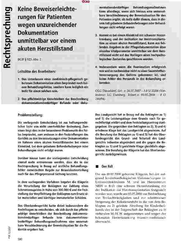 Vorschauseite 1: Keine Beweiserleichterungen für Patienten wegen unzureichender Dokumentation unmittelbar vor einem akuten Herzstillstand
