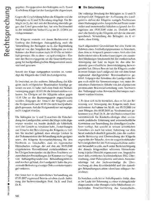 Vorschauseite 3: Keine Beweiserleichterungen für Patienten wegen unzureichender Dokumentation unmittelbar vor einem akuten Herzstillstand