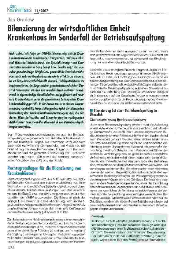 Vorschauseite 1: Bilanzierung der wirtschaftlichen Einheit Krankenhaus im Sonderfall der Betriebsaufspaltung