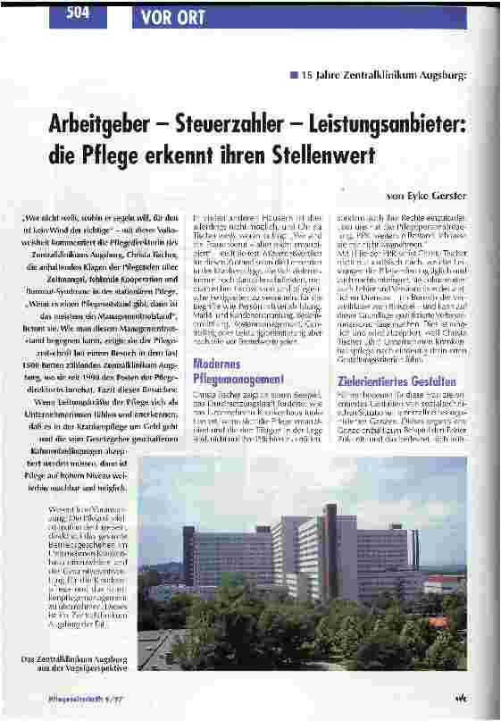 Vorschauseite 1: 15 Jahre Zentralklinikum Augsburg: Arbeitgeber - Steuerzahler - Leistungsanbieter: die Pflege erkennt ihren Stellenwert