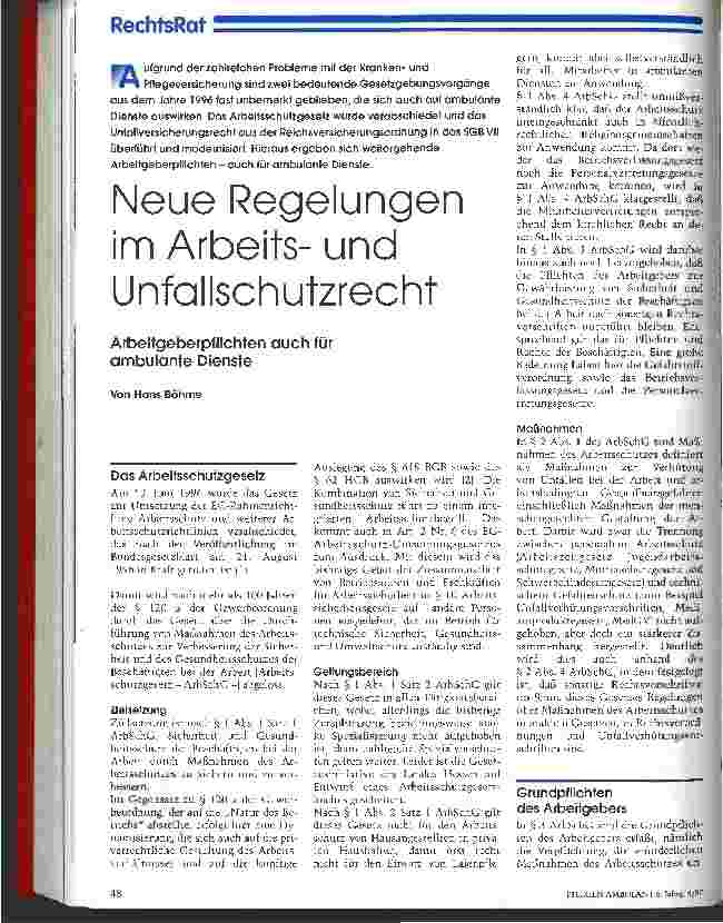 Vorschauseite 1: Neue Regelungen im Arbeitsund Unfallschutzrecht Arbeitgeberpflichten auch für ambulante Dienste