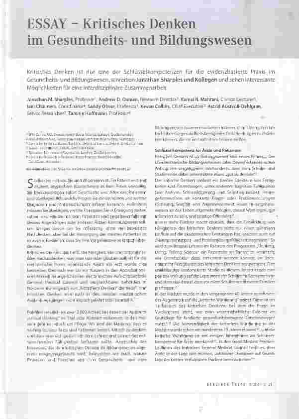 Vorschauseite 1: ESSAY Kritisches Denken im Gesundheitsund Bildungswesen